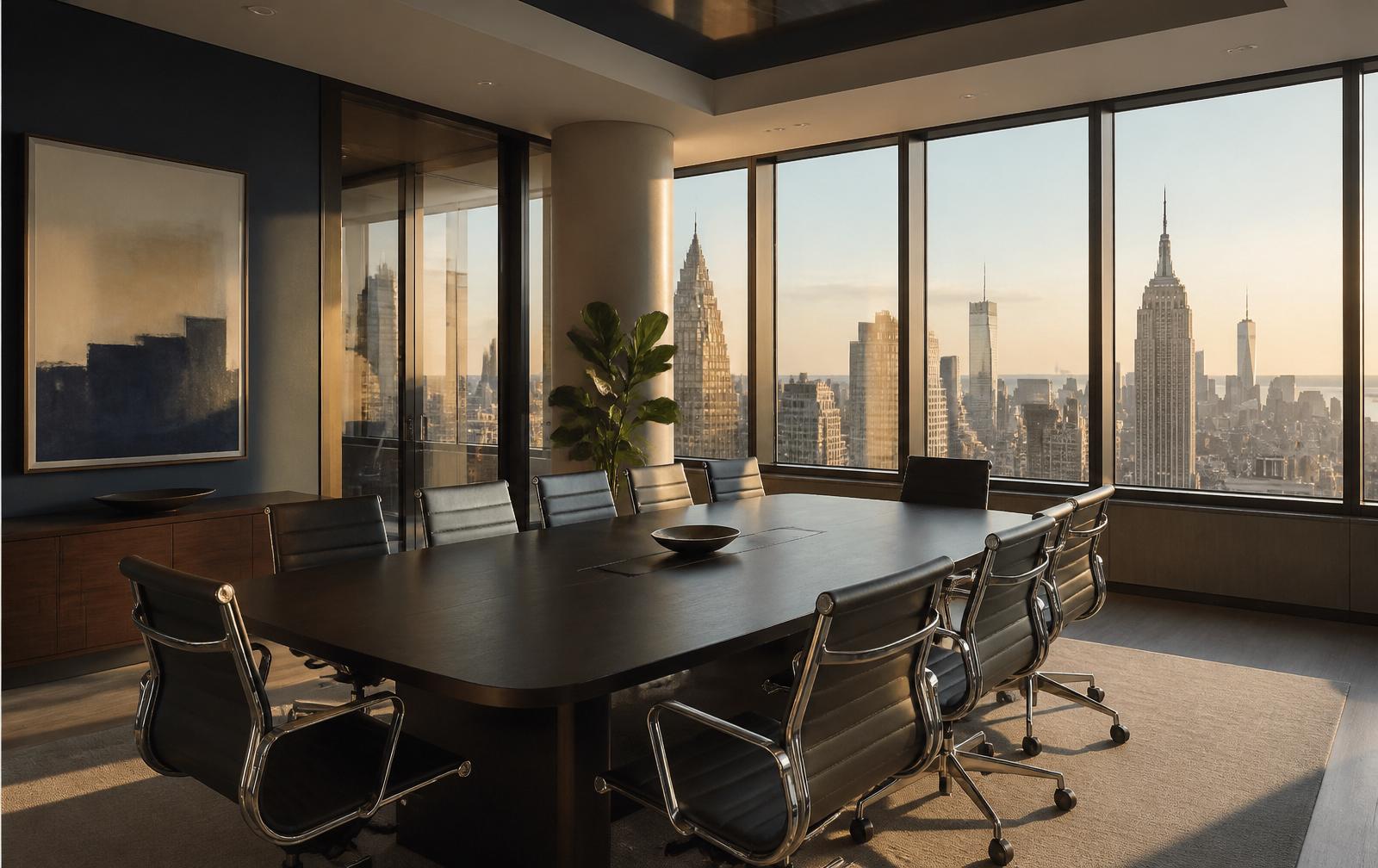 Conference room overlooking the New York City skyline at golden hour